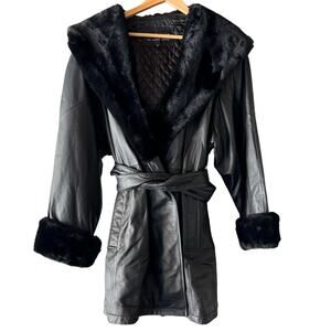 Wilsons Vintage Black Leather Faux Fur Hooded Lined Penny Lane Coat New Tags XL